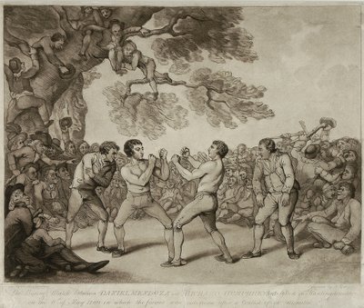 Boksekampen mellem Daniel Mendoza og Richard Humphreys i Stilton, Huntingdonshire, 6. maj 1789, indgraveret af Joseph Grozer (ca. 1755-99) (gravering) af Thomas (after) Rowlandson