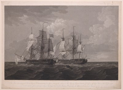 Denne plade forestiller den franske fregat La Proserpine på 40 kanoner, der stak flaget mod Hans Majestæts fregat Dryad på 36 kanoner ud for Cape Clear den 13. juni 1796 ... dedikeret til kaptajn ... Lord Amelius Beauclerk... af Thomas (after) Whitcombe