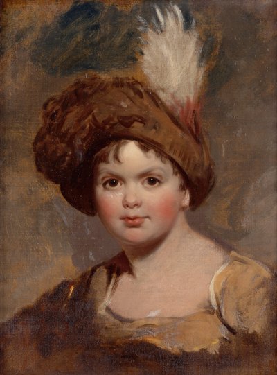 Portræt af en ung dreng i brun dragt med fjerhat (skitse) (olie på lærred) af Thomas (attr. to) Lawrence