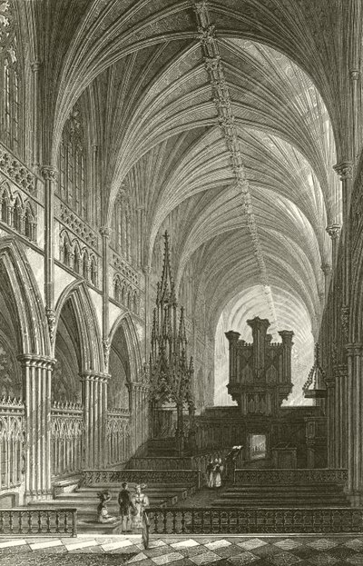 Interiør i Exeter-katedralen af Thomas Allom