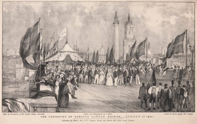 Ceremonien for åbning af London Bridge med Old London Bridge i baggrunden af Thomas Allom