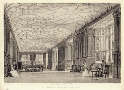The Long Gallery, Haddon Hall, Derbyshire (lithotint) af Thomas Allom