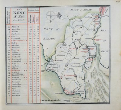 Kent, plade 39r, fra A Complete Set of Maps of England and Wales in General..., 1724 (pen & blæk og wc på papir) af Thomas Badeslade