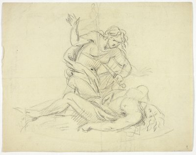 Pyramus og Thisbe (til højre); Tre mandlige figurer med mausoleumsplan (verso) af Thomas Banks