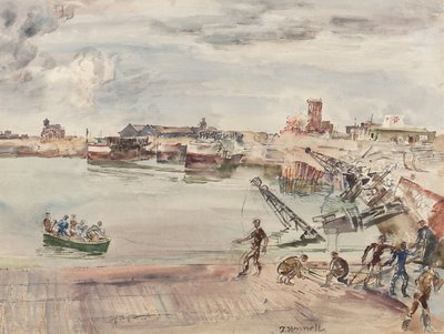 Dokker ex entrepots (sic) i havnen i Calais Bassin Ouest, 1944 (blyant, pen, blæk, pensel & wc på papir) af Thomas Barclay Hennell