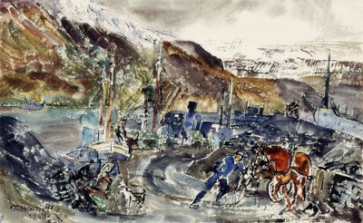 Lokale kulvogne og trawlere, Seydisfjordur, Island (akvarel på papir) af Thomas Barclay Hennell