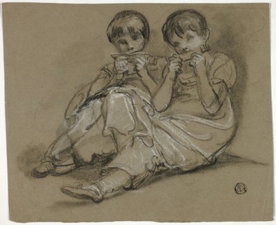 To piger, der leger på kamme (recto); Skitse af siddende kvinde med fragment af en anden figur (verso) af Thomas Barker