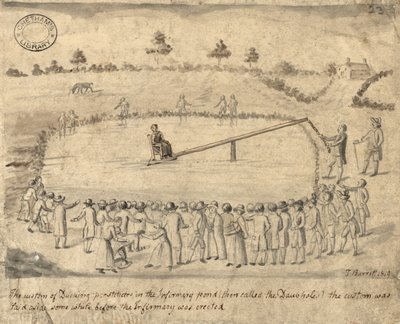 Ducking prostituerede, Manchester, 1819 (pen og blæk og vask på papir) af Thomas Barritt