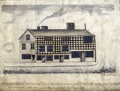 Old House on Hanging Ditch, Manchester, 1819 (pen og blæk og vask på papir) af Thomas Barritt