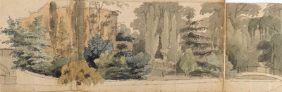 Et billede af forsiden af Merton Place, set fra den anden side af floden, med to broer af Thomas Baxter