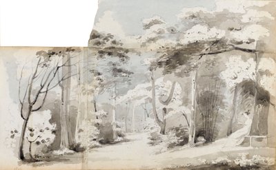 En ung kvinde, måske Charlotte Nelson, sidder i et lysthus i et skovlandskab. af Thomas Baxter
