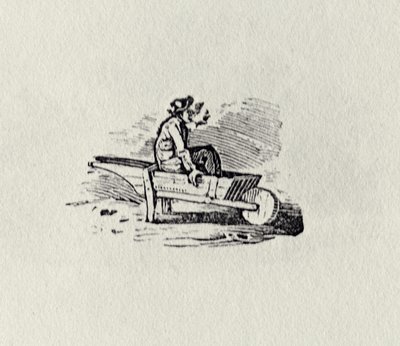 En mand i en trillebør fra "History of British Birds and Quadrupeds", udgivet i 1815 (sw-stik) af Thomas Bewick