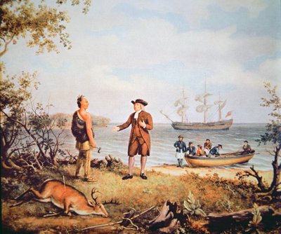 William Penn ankommer til Amerika for første gang og møder en indianer i 1682 (olie på lærred) af Thomas Birch