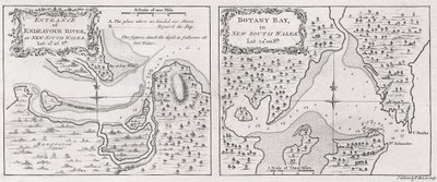 Kaptajn James Cooks søkort viser indgangen til Endeavour River og Botany Bay i New South Wales af Thomas Bowen