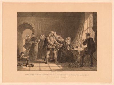 Mary Queen of Scots tvunget til at underskrive sin abdikation i Lochleven Castle, 1567, 1878 af Thomas Brown