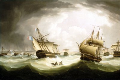 Slaget ved Trafalgar, 21. oktober 1805, slutningen af kampen, begyndelsen af det 19. århundrede (olie på lærred) af Thomas Buttersworth
