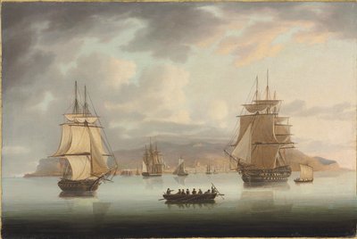 Funchal Roadstead, H.M.S. Blenheim med Greyhound og Harrier Outward Bound, 1805 af Thomas Butterworth