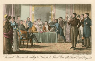 Bernard Blackmantle læser sin farce i Green Room på Theatre Royal, Drury Lane, London af Thomas Charles Wageman
