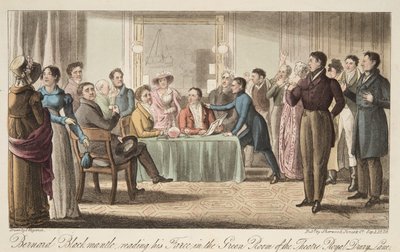 Bernard Blackmantle læser sin farce i Green Room i Covent Garden Theatre, fra The English Spy, pub. 1824 (håndfarvet gravering) af Thomas Charles Wageman