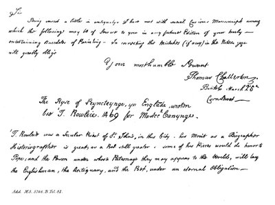 En del af et brev fra Thomas Chatterton til Horace Walpole, slutningen af det 18. århundrede, 1840 af Thomas Chatterton