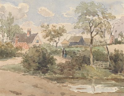 Landskab med sommerhus, vindmølle, lader og figurer med dam i forgrunden af Thomas Churchyard