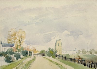 Suffolk Landskab, en bred Vej med et lille Hus, en Kirke og Træer af Thomas Churchyard