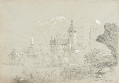 Castle of Spiez, 1841 (blyant og gouache på grågrønt papir) af Thomas Cole