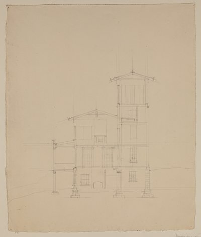 Tegning af foreslået villa i Catskill, ca. 1801-48 (grafitblyant på råhvidt vævet papir) af Thomas Cole