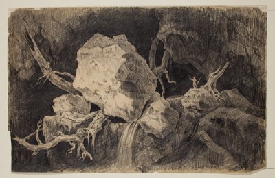 Jæger stående i hule nær Rock and Waterfall, ca. 1828 (grafitblyant) af Thomas Cole
