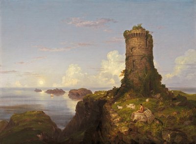 Italiensk kystscene med ruineret tårn af Thomas Cole