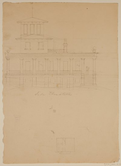 Side elevation af foreslået villa ved Catskill af Thomas Cole