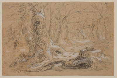 Træer om vinteren med mand stående på Frozen Creek (blyant og gouache på papir) af Thomas Cole