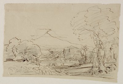 Vulkan, sø, figurjagt, 1846-47 (pen & blæk med blyant på papir) af Thomas Cole