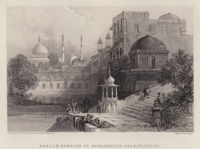 Baoli og resterne af Jehanghirs palads, Delhi (farve litho) af Thomas Colman (after) Dibdin