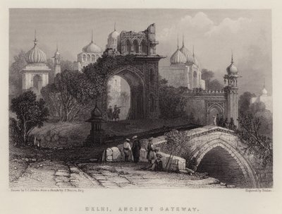 Delhi, Ancient Gateway (farve litho) af Thomas Colman (after) Dibdin
