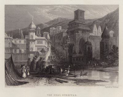 The Ghat, Hurdwar (farve litho) af Thomas Colman (after) Dibdin