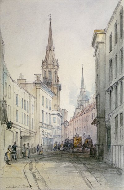 Udsigt langs Lombard Street, mod øst, med figurer og vogne, City of London, 1851 af Thomas Colman Dibdin
