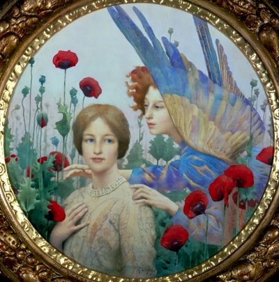 "The Message" En ung kvinde og en engel på en mark med valmuer. Maleri af Thomas Cooper Gotch (1854-1931) (prerafaelit) Privat samling af Thomas Cooper Gotch