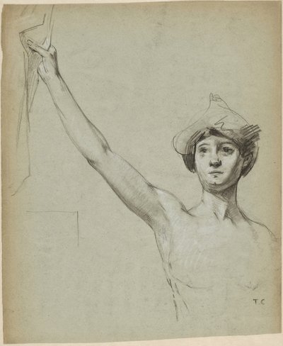 Nøgen figur ved draperi, modelstudie af Thomas Couture