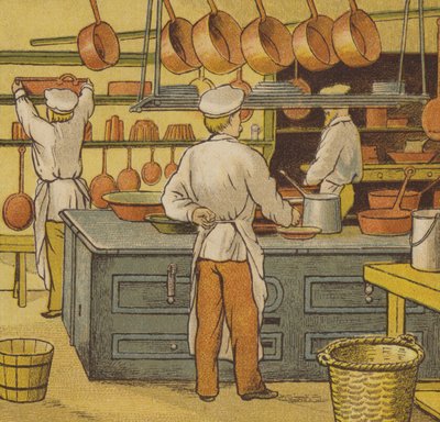 Caen: hotelkøkkenet (farve litho) af Thomas Crane
