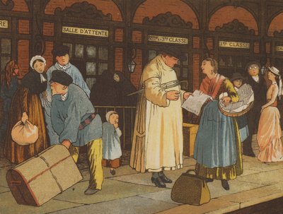 På vej fra Caen til Paris: en banegård (farve litho) af Thomas Crane
