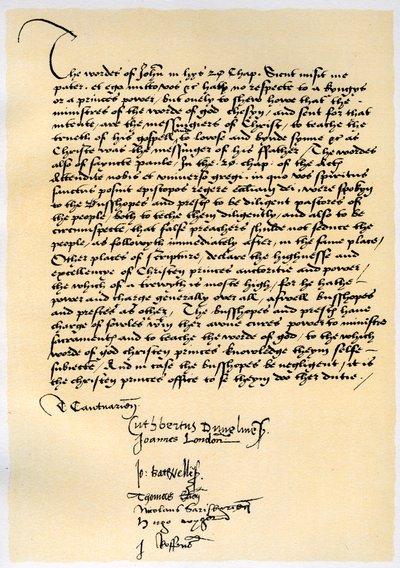 Ærkebiskop Crammers og syv andre engelske biskoppers biskoppelige erklæring, c1537. af Thomas Cranmer