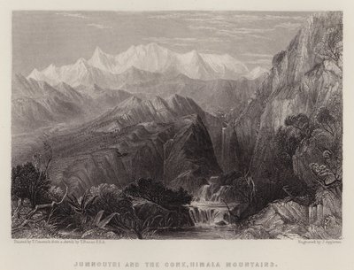 Jumnoutri og keglen, Himala-bjergene (farve litho) af Thomas Creswick