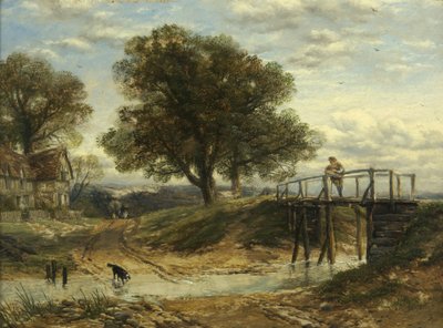 Landskab med vandløb, bro og hytte (olie på panel) af Thomas Creswick