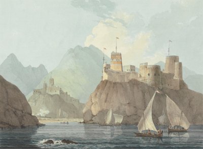 Østudsigt over fortene Jellali og Merani, Muskat af Thomas Daniell