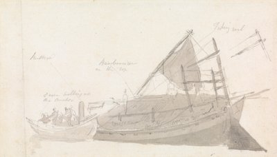 Fiskerbåd med lille fartøj ved siden af af Thomas Daniell