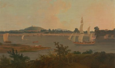 Pinnace sejler ned ad Ganges forbi Monghyr Fort af Thomas Daniell