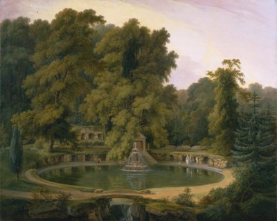 Tempel, springvand og hule i Sezincote Park af Thomas Daniell