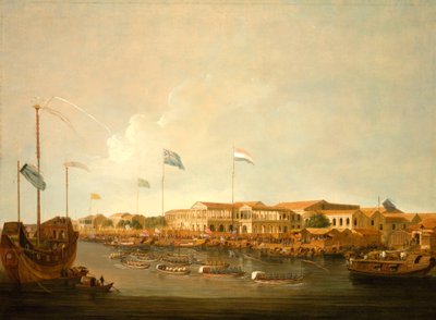 Hongs ved Canton fra sydøst, med en regatta på Pearl River af Thomas Daniell