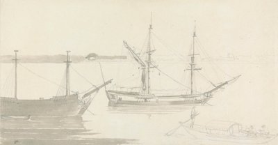 To fortøjede Skibe og en Fiskerbåd af Thomas Daniell